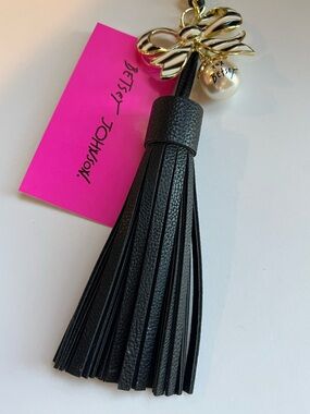 NWT Betsey Johnson Purse Charm Tassel Striped Black & White Bow Goldtone